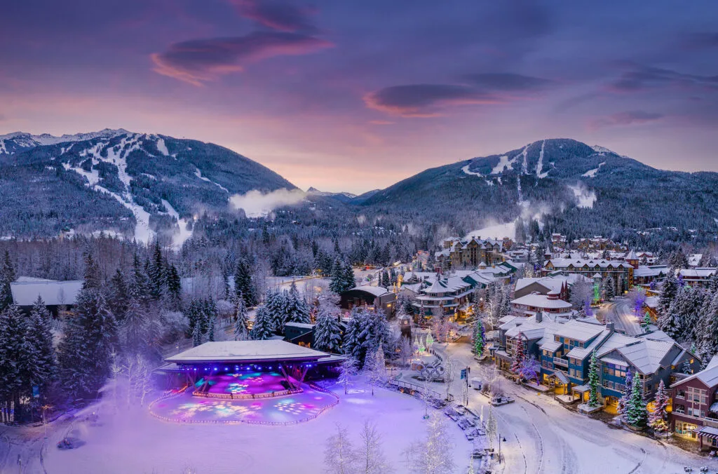 Whistler Village and Whistler Blackcomb at dusk in winter